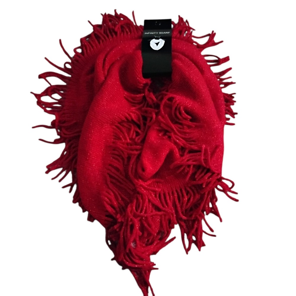 Red Metallic Knit Infinity Scarf with Fringe Detail OSFM New with Tags